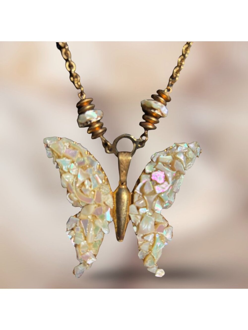 Miriam Haskell Butterfly Faux Pearl Gold Tone Chain Necklace Signed Rare Vintage